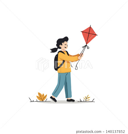 A cheerful illustration showing a child with a backpack joyfully holding a red kite outdoors. The scene suggests a carefree afternoon in autumn, with the simplicity of the design conveying happiness A cheerful illustration showing a child with a backpack joyfully holding a red kite outdoors. The scene suggests a carefree afternoon in autumn, with the simplicity of the design conveying happiness 140137852