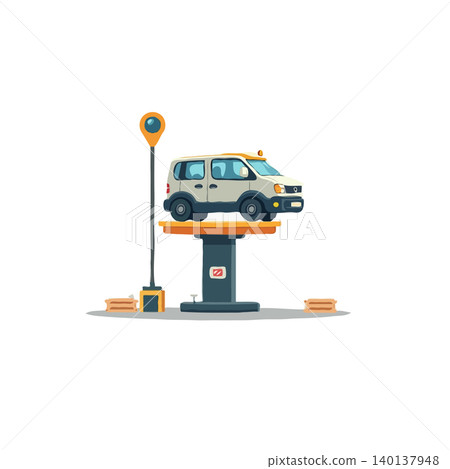 A cartoon-style image displays a car on a mechanical lift, presumably undergoing repairs. A safety lamp nearby suggests ongoing maintenance. The illustration evokes a sense of automotive care and 140137948