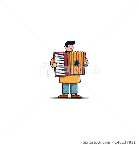 A delightful cartoon illustration captures a cheerful man engrossed in playing an ornate accordion. The vibrant colors and stylized design evoke a sense of folk music and joyful performance. A delightful cartoon illustration captures a cheerful man engrossed in playing an ornate accordion. The vibrant colors and stylized design evoke a sense of folk music and joyful performance. 140137951