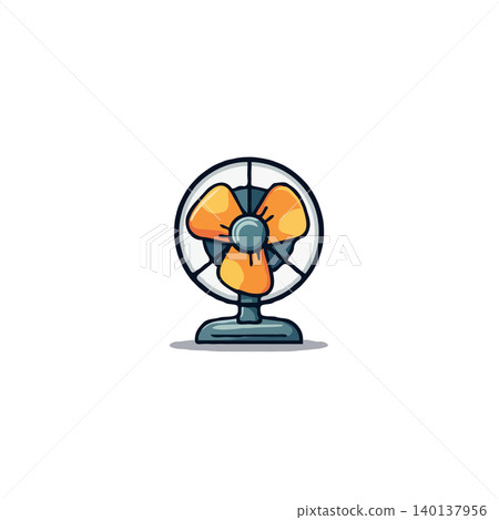 A whimsical and stylized illustration of a fan sits against a plain background.  This fan emits a sense of retro charm and simplicity, promising a refreshing breeze and coolness against the heat 140137956