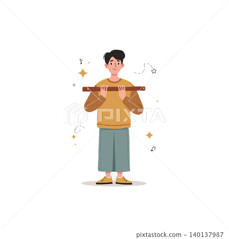 The illustration shows a young man dressed in casual attire, holding a wooden instrument with an air of creativity and musicality, surrounded by musical notes and twinkling stars. The image The illustration shows a young man dressed in casual attire, holding a wooden instrument with an air of creativity and musicality, surrounded by musical notes and twinkling stars. The image 140137987