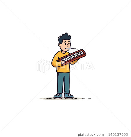 This colorful cartoon illustration showcases a young boy cheerfully playing a melodica. The detailed design emphasizes the joy and creativity associated with making music. Suitable for projects This colorful cartoon illustration showcases a young boy cheerfully playing a melodica. The detailed design emphasizes the joy and creativity associated with making music. Suitable for projects 140137993