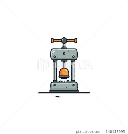 An isometric style illustration shows a mechanical press machine, an engineering device utilized in industrial operations. It represents technical work, precision, and hardware for constructing 140137995