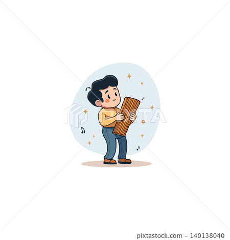 An endearing cartoon depicts a young boy holding panpipes, radiating youthful joy and passion for music. The illustration emphasizes the simple joys of childhood exploration, with soft background An endearing cartoon depicts a young boy holding panpipes, radiating youthful joy and passion for music. The illustration emphasizes the simple joys of childhood exploration, with soft background 140138040
