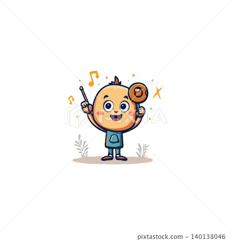 A charming cartoon character with a big smile conducts an unseen orchestra with a baton, holding a lollipop. The vibrant illustration exudes happiness, joy, and whimsical delight against a white A charming cartoon character with a big smile conducts an unseen orchestra with a baton, holding a lollipop. The vibrant illustration exudes happiness, joy, and whimsical delight against a white 140138046