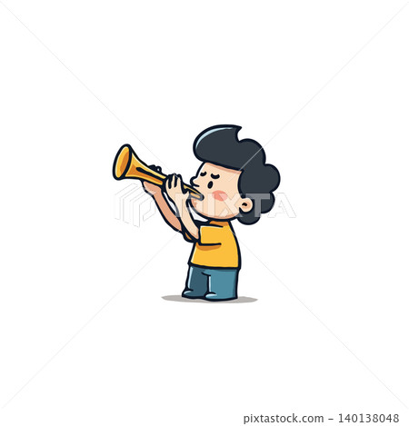 Charming cartoon illustration of a boy wholeheartedly playing a golden trumpet. This image showcases the joy of music, youthful enthusiasm, and the power of imagination. It's perfect for creative Charming cartoon illustration of a boy wholeheartedly playing a golden trumpet. This image showcases the joy of music, youthful enthusiasm, and the power of imagination. It's perfect for creative 140138048