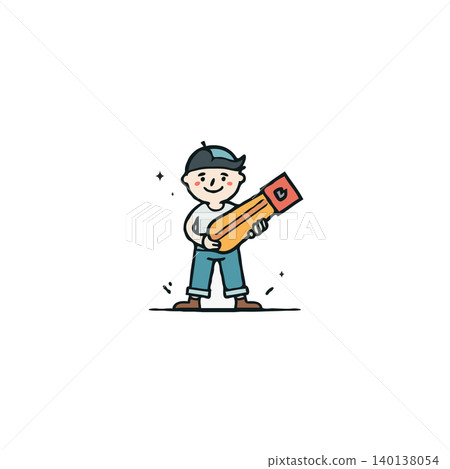 A charming cartoon illustration shows a cheerful boy wearing a baseball cap, proudly holding an elongated object. The simplistic design, clean lines, and joyful expression evoke a sense of innocent A charming cartoon illustration shows a cheerful boy wearing a baseball cap, proudly holding an elongated object. The simplistic design, clean lines, and joyful expression evoke a sense of innocent 140138054