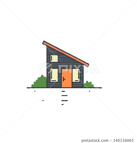 A quaint, stylized depiction of a modern cabin residence features an asymmetrical roofline. The dwelling is situated amid minimalist vegetation against a plain backdrop, evoking a sense of A quaint, stylized depiction of a modern cabin residence features an asymmetrical roofline. The dwelling is situated amid minimalist vegetation against a plain backdrop, evoking a sense of 140138065
