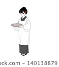 身穿傳統日式圍裙的女子，手持托盤；這是一張日本咖啡館女服務生的照片。 140138879