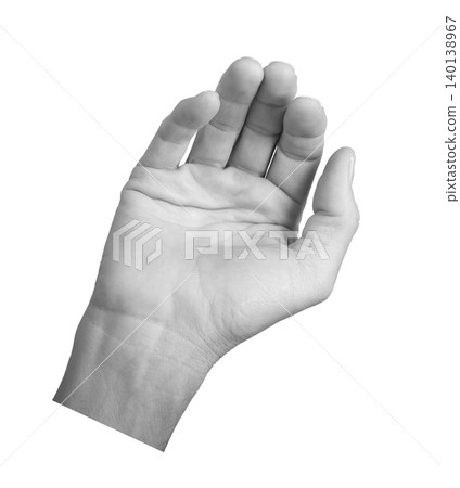 Human hand raised with open palm gesture on neutral background. Fingers extended upward showing simple position for interaction or signal. Communication concept representing greeting support Human hand raised with open palm gesture on neutral background. Fingers extended upward showing simple position for interaction or signal. Communication concept representing greeting support 140138967