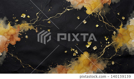 A top-quality Japanese-style background featuring amber and mustard watercolors and gold leaf swirling on black washi paper. A top-quality Japanese-style background featuring amber and mustard watercolors and gold leaf swirling on black washi paper. 140139139