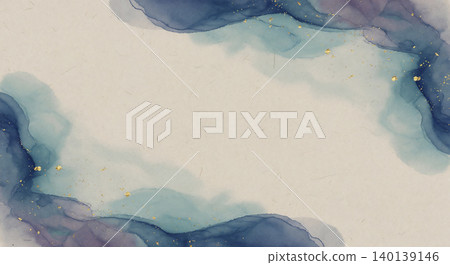以米色日本紙為背景,靛藍和淺藍色水彩暈染開來,金粉柔和地閃爍著光芒。 以米色日本紙為背景,靛藍和淺藍色水彩暈染開來,金粉柔和地閃爍著光芒。 140139146