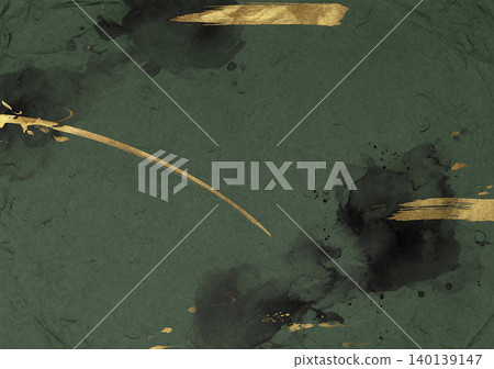A modern Japanese background featuring deep green washi paper, overlaid with black ink bleeding and heavy gold leaf lines. A modern Japanese background featuring deep green washi paper, overlaid with black ink bleeding and heavy gold leaf lines. 140139147