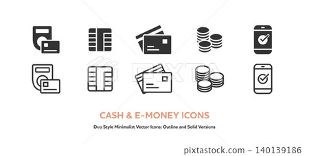 A set of vector icons for money, including card payments, smartphones, IC chips, and coins (line art and colored versions). A set of vector icons for money, including card payments, smartphones, IC chips, and coins (line art and colored versions). 140139186