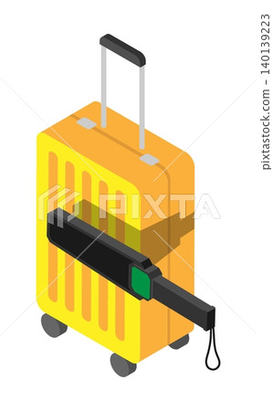 Isometric security guard portable handheld scanner scans the contents of a travel suitcase. Isolated cartoon vector on white background top view Isometric security guard portable handheld scanner scans the contents of a travel suitcase. Isolated cartoon vector on white background top view 140139223