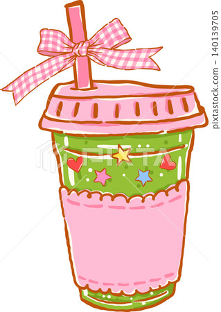 Whimsy Iced Matcha Latte with Pink Gingham Ribbon Bow Doodle Hand Drawn Whimsy Iced Matcha Latte with Pink Gingham Ribbon Bow Doodle Hand Drawn 140139705