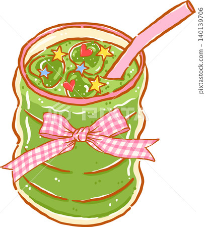 Whimsy Iced Matcha Latte Drink with Pink Gingham Ribbon Bow Doodle Hand Drawn 140139706