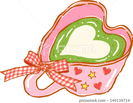 Whimsy Matcha Latte with Art in Pink Heart Cup and Red Gingham Bow Doodle Hand Drawn Whimsy Matcha Latte with Art in Pink Heart Cup and Red Gingham Bow Doodle Hand Drawn 140139714