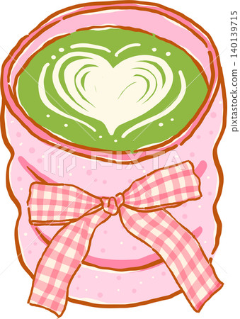 Whimsy Matcha Latte with Art in Pink Cup and Red Gingham Bow Doodle Hand Drawn Whimsy Matcha Latte with Art in Pink Cup and Red Gingham Bow Doodle Hand Drawn 140139715
