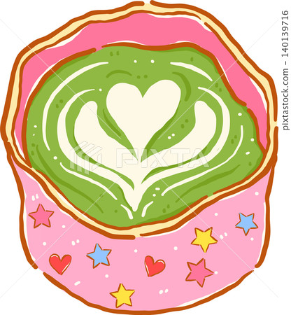 Whimsy Matcha Latte with Art in Pink Ceramic Cup Doodle Hand Drawn Whimsy Matcha Latte with Art in Pink Ceramic Cup Doodle Hand Drawn 140139716