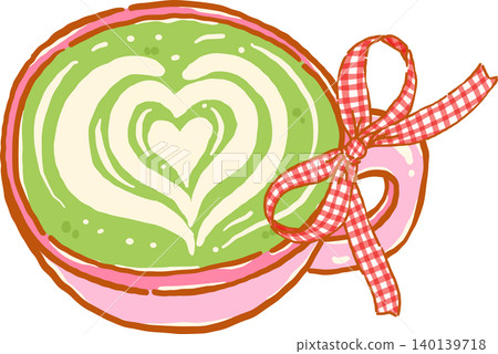 Whimsy Matcha Latte with Heart Art in Pink Cup and Red Gingham Ribbon Bow Doodle Hand Drawn Whimsy Matcha Latte with Heart Art in Pink Cup and Red Gingham Ribbon Bow Doodle Hand Drawn 140139718