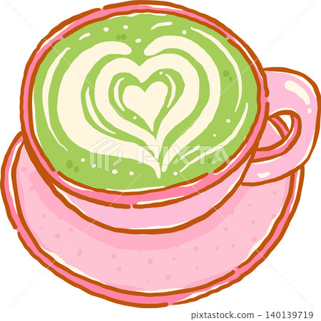 Whimsy Matcha Latte with Heart Art in Pink Cup Doodle Hand Drawn Whimsy Matcha Latte with Heart Art in Pink Cup Doodle Hand Drawn 140139719