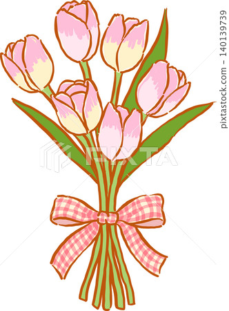 Bouquet of Pink Tulip Flower with Ribbon Bow Whimsical Doodle Hand Drawn Bouquet of Pink Tulip Flower with Ribbon Bow Whimsical Doodle Hand Drawn 140139739