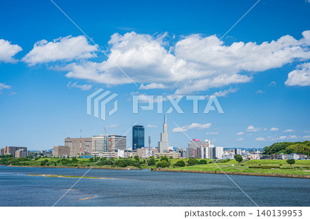Yodogawa River scenery: View of Hirakata city from Hirakata Bridge, Takatsuki City, Osaka Prefecture, Hirakata City Yodogawa River scenery: View of Hirakata city from Hirakata Bridge, Takatsuki City, Osaka Prefecture, Hirakata City 140139953
