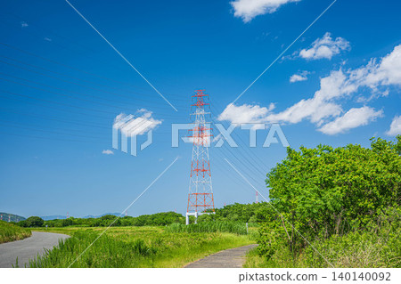 A steel tower stands on the Yodogawa River embankment in the Otsuka area of Yodogawa River Park, Takatsuki City, Osaka Prefecture. A steel tower stands on the Yodogawa River embankment in the Otsuka area of Yodogawa River Park, Takatsuki City, Osaka Prefecture. 140140092