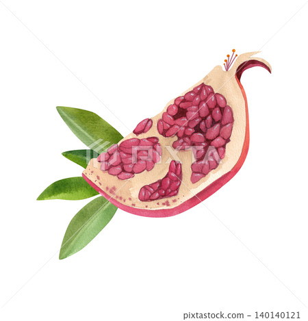 Slice of red pomegranate with green foliage. Hand drawn watercolor illustration of ripe fruit, isolated. Suitable for stickers, summer decor, cards, packaging, and branding. 140140121