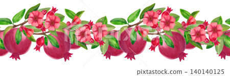 Seamless border with pomegranate branches, red fruits and flowers. Hand-drawn watercolor illustration of exotic plants and fruits for summer decor, cards, and packaging. Seamless border with pomegranate branches, red fruits and flowers. Hand-drawn watercolor illustration of exotic plants and fruits for summer decor, cards, and packaging. 140140125