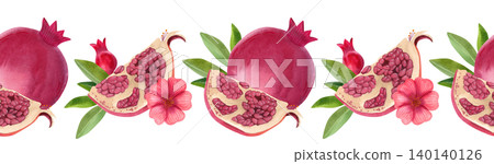 Seamless border with red pomegranate, fruit slices and green foliage. Hand-drawn watercolor illustration of exotic plants and fruits for summer decor, cards, and packaging. 140140126