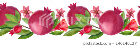 Seamless border with red pomegranate, flowers and green foliage. Hand-drawn watercolor illustration of exotic plants and fruits. Suitable for summer decor, cards, packaging Seamless border with red pomegranate, flowers and green foliage. Hand-drawn watercolor illustration of exotic plants and fruits. Suitable for summer decor, cards, packaging 140140127