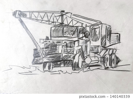 Hand drawn monochrome pencil sketch. Black and white illustration of a large truck with a dump bed and three axles. 140140339