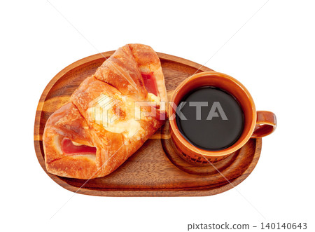 A plate of ham and cheese Danish bread and coffee [white background, cutout] 140140643