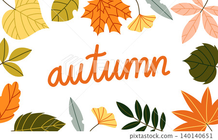 Autumn Leaves Horizontal Banner Vector Illustration Flat Geometric Fall Foliage Frame 140140651