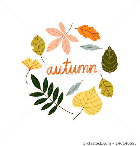 Autumn Leaves Wreath Vector Illustration Flat Geometric Fall Foliage Round Frame 140140653
