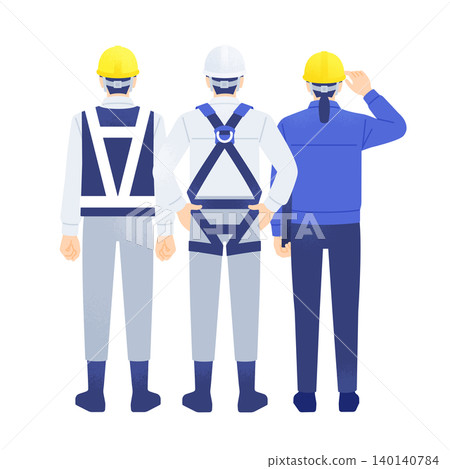 一名女子手持平板電腦；一名工人身穿反光背心和全套安全帶；三名工人（兩男一女）在建築工地上支撐。 140140784