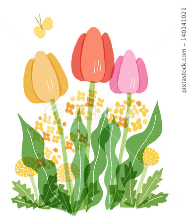 Clip illustrations of spring flowers: tulips, dandelions, and rapeseed blossoms. 140141021
