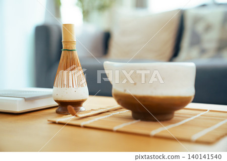 Traditional Matcha green tea set with bamboo whisk and bowl 140141540