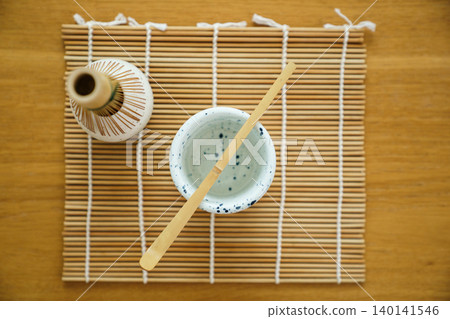 Traditional Matcha green tea set with bamboo whisk and bowl Traditional Matcha green tea set with bamboo whisk and bowl 140141546