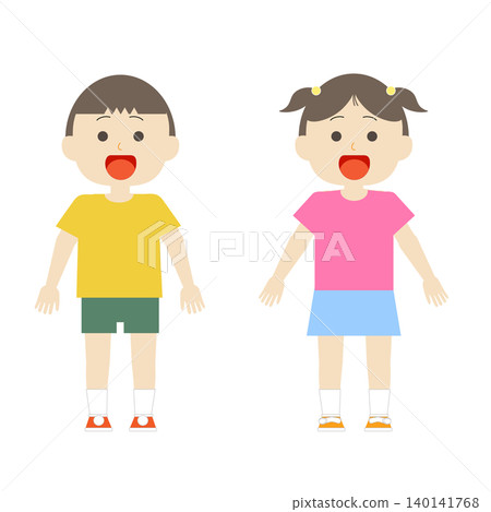 身著夏裝的小男孩和小女孩的全身插圖 身著夏裝的小男孩和小女孩的全身插圖 140141768