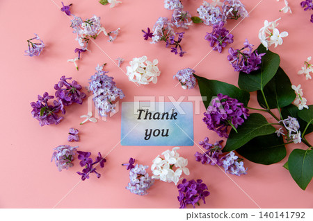 Thank you card with lilac flowers on pink background Thank you card with lilac flowers on pink background 140141792