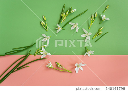 Flat lay spring flower arrangement on pastel pink and green surface Flat lay spring flower arrangement on pastel pink and green surface 140141796