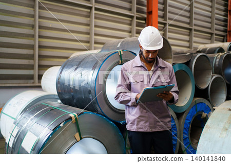 Young hispanic engineer inspecting metal roll in factory 140141840