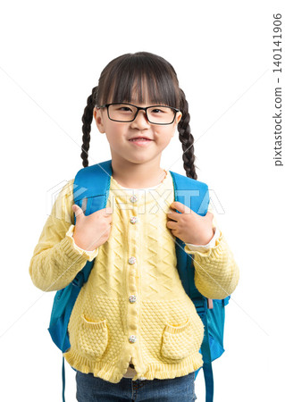 Cute Asian schoolgirl wearing glasses with backpack, smiling child isolated on white background, back to school concept 140141906