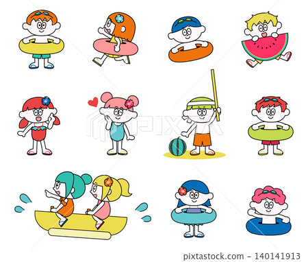 A set of illustrations of children playing in swimsuits. 140141913