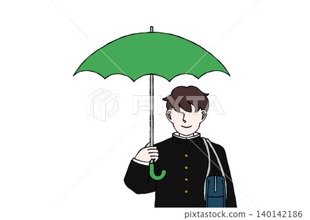 Male student in uniform, holding an umbrella, rain, rainy season, commuting to school (illustration) Male student in uniform, holding an umbrella, rain, rainy season, commuting to school (illustration) 140142186
