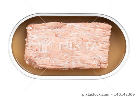 Salmon fillet in own juice, in an open tin can. Fillet of Pink salmon, Oncorhynchus gorbuscha, a wild-caught Pacific salmon with pale pink color, delicate texture, and low fat content. Isolated. Photo Salmon fillet in own juice, in an open tin can. Fillet of Pink salmon, Oncorhynchus gorbuscha, a wild-caught Pacific salmon with pale pink color, delicate texture, and low fat content. Isolated. Photo 140142309