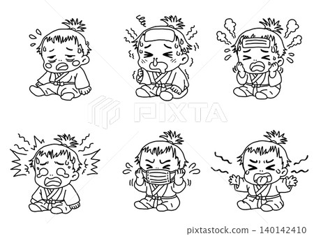 Illustration set of sick children (fever, cough, runny nose, wearing a mask, lethargic, crying) - Medical/childcare materials Illustration set of sick children (fever, cough, runny nose, wearing a mask, lethargic, crying) - Medical/childcare materials 140142410